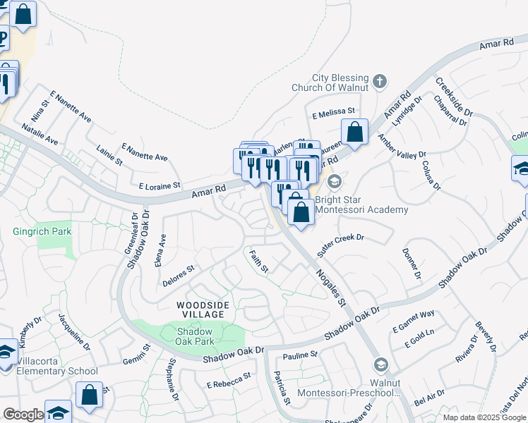 map of restaurants, bars, coffee shops, grocery stores, and more near 2734 Calle Ruiz in West Covina
