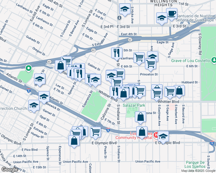 map of restaurants, bars, coffee shops, grocery stores, and more near 3652 Percy Street in Los Angeles