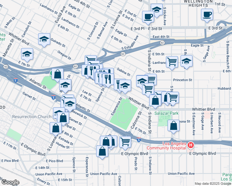 map of restaurants, bars, coffee shops, grocery stores, and more near 3552 Whittier Boulevard in Los Angeles
