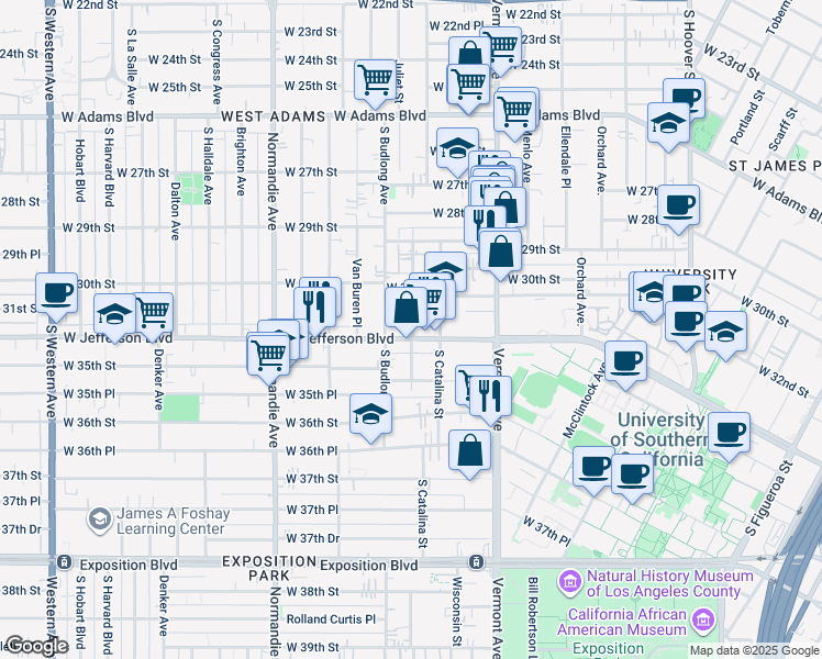 map of restaurants, bars, coffee shops, grocery stores, and more near 3112 Walton Avenue in Los Angeles