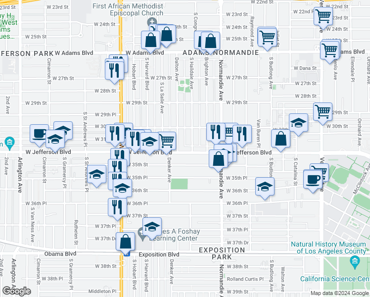 map of restaurants, bars, coffee shops, grocery stores, and more near 1571 West Jefferson Boulevard in Los Angeles