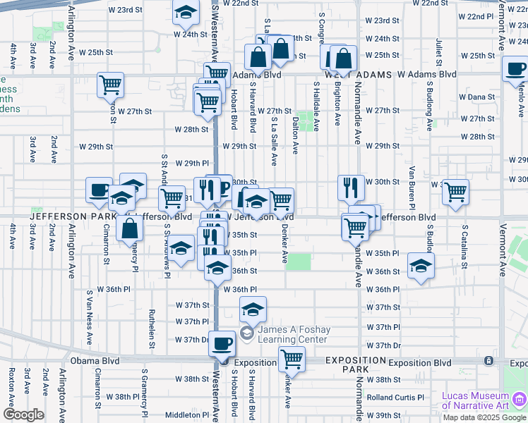map of restaurants, bars, coffee shops, grocery stores, and more near 3110 South Harvard Boulevard in Los Angeles