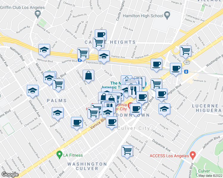 map of restaurants, bars, coffee shops, grocery stores, and more near 9732 Regent Street in Los Angeles