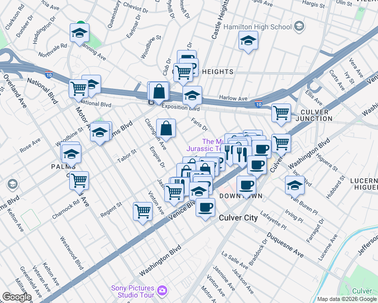 map of restaurants, bars, coffee shops, grocery stores, and more near 3663 Hughes Avenue in Los Angeles