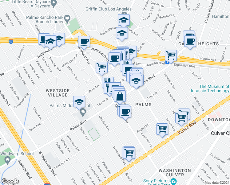 map of restaurants, bars, coffee shops, grocery stores, and more near 3410 Overland Avenue in Los Angeles