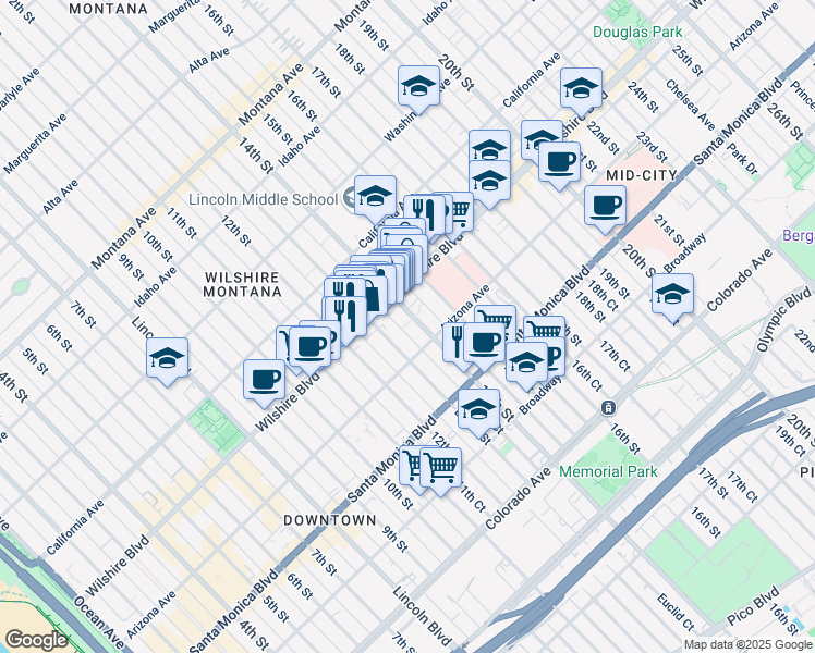 map of restaurants, bars, coffee shops, grocery stores, and more near 1234 14th Street in Santa Monica