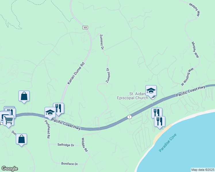map of restaurants, bars, coffee shops, grocery stores, and more near 6165 Zumirez Drive in Malibu