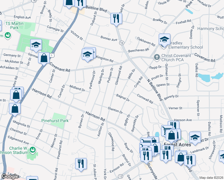 map of restaurants, bars, coffee shops, grocery stores, and more near 2616 Glenwood Road in Columbia