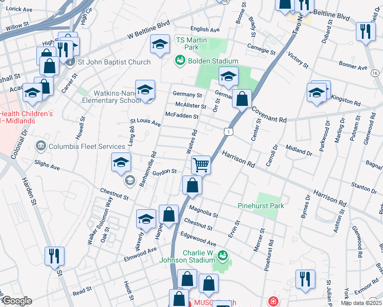 map of restaurants, bars, coffee shops, grocery stores, and more near 2417 Waites Road in Columbia