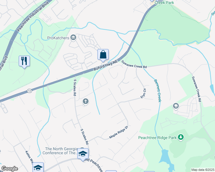map of restaurants, bars, coffee shops, grocery stores, and more near 1500 Highland Farm Drive in Suwanee