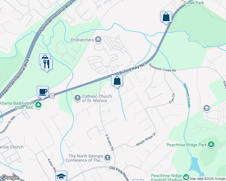 map of restaurants, bars, coffee shops, grocery stores, and more near 1534 Highland Bluff Court in Suwanee