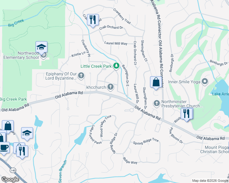 map of restaurants, bars, coffee shops, grocery stores, and more near 670 Barrington Way in Roswell