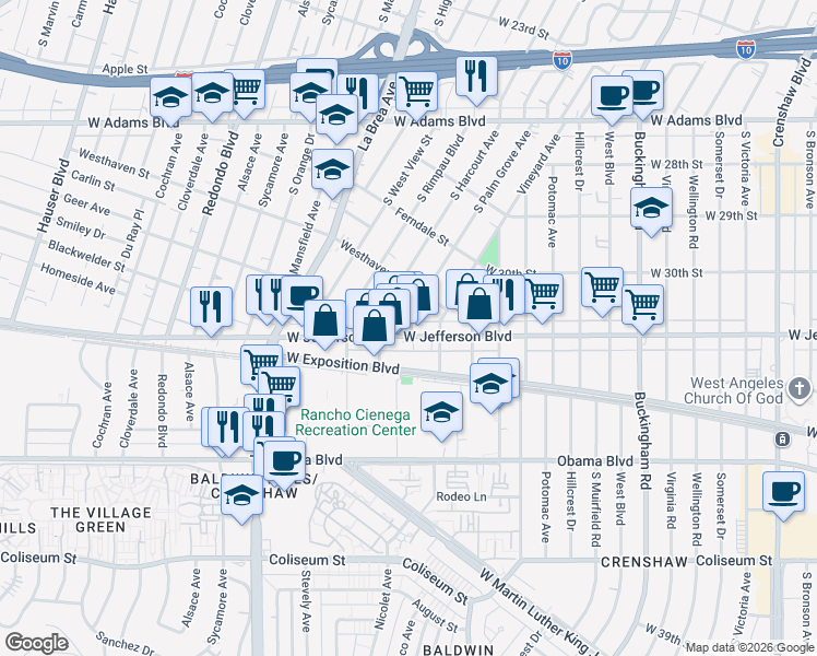 map of restaurants, bars, coffee shops, grocery stores, and more near 4841 West Jefferson Boulevard in Los Angeles