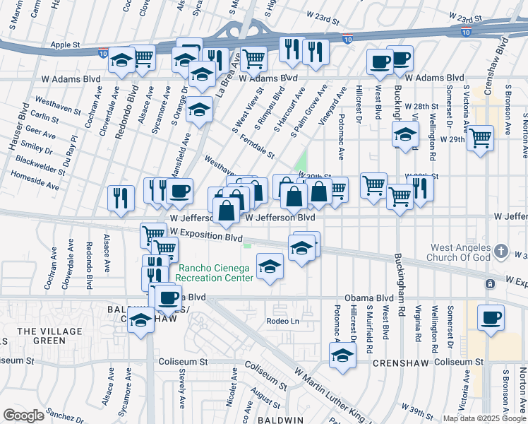 map of restaurants, bars, coffee shops, grocery stores, and more near 4801 West Jefferson Boulevard in Los Angeles