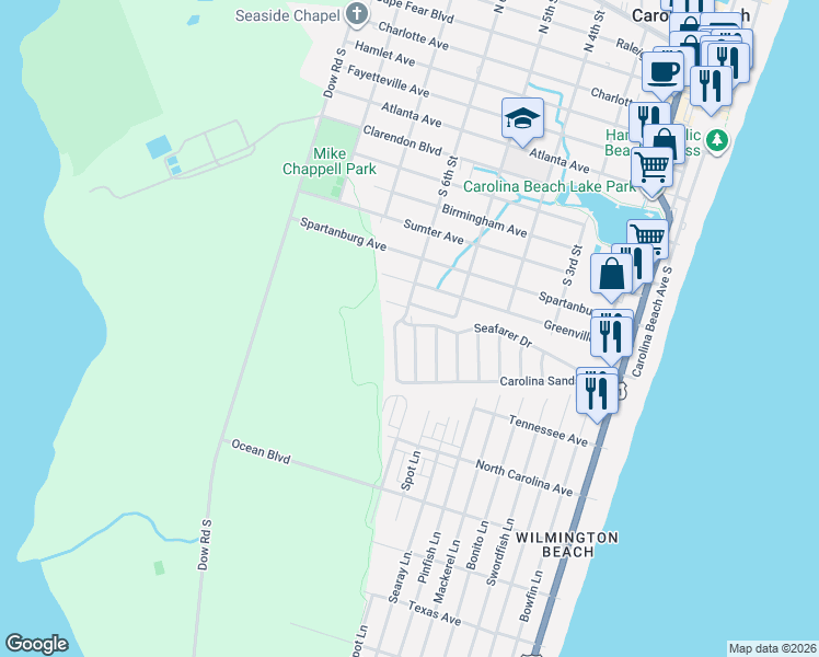 map of restaurants, bars, coffee shops, grocery stores, and more near 939 Carolina Sands Drive in Carolina Beach