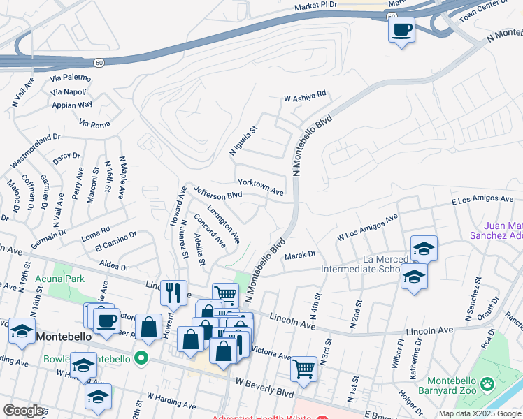 map of restaurants, bars, coffee shops, grocery stores, and more near 932 North Durango Street in Montebello