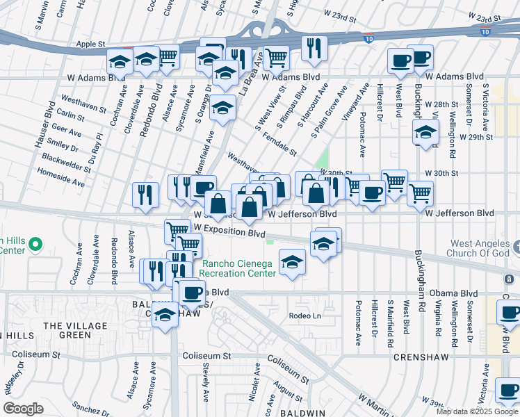 map of restaurants, bars, coffee shops, grocery stores, and more near 4841 West Jefferson Boulevard in Los Angeles