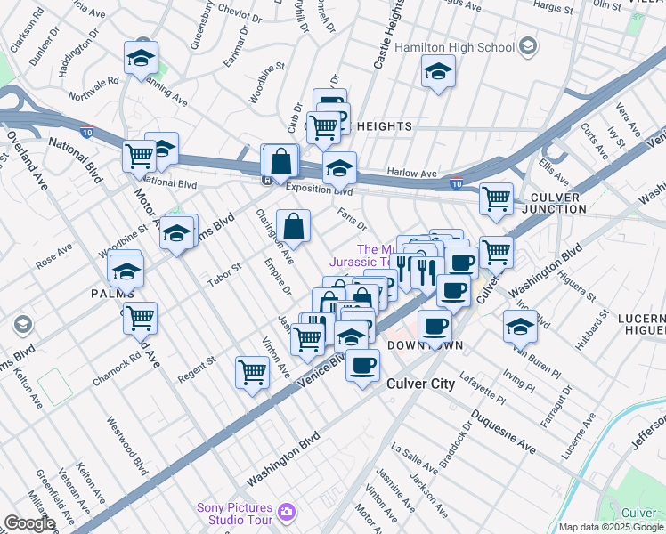 map of restaurants, bars, coffee shops, grocery stores, and more near 3663 Hughes Avenue in Los Angeles