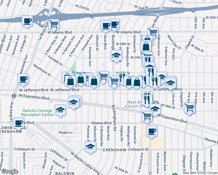 map of restaurants, bars, coffee shops, grocery stores, and more near 4111 West Jefferson Boulevard in Los Angeles