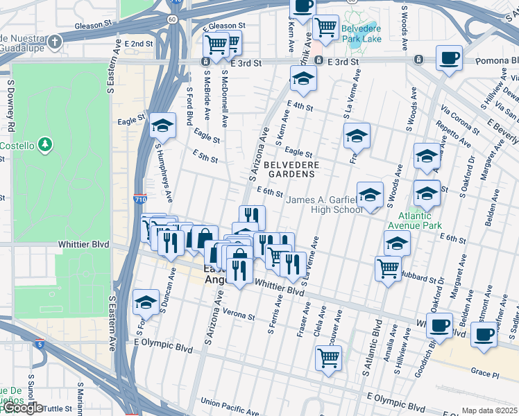 map of restaurants, bars, coffee shops, grocery stores, and more near 631 South Kern Avenue in East Los Angeles