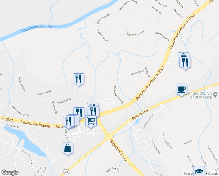 map of restaurants, bars, coffee shops, grocery stores, and more near 3817 Medfield Place in Duluth