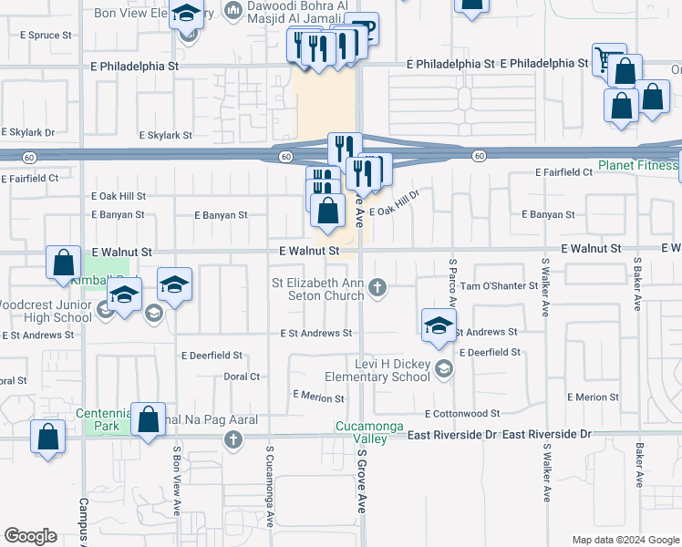 map of restaurants, bars, coffee shops, grocery stores, and more near 2620 South Parkside Drive in Ontario