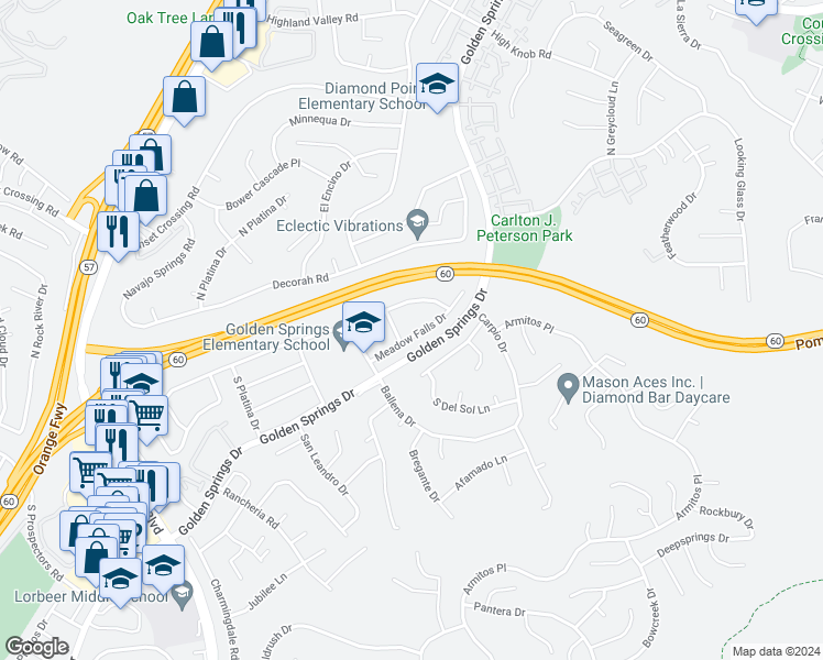 map of restaurants, bars, coffee shops, grocery stores, and more near 24115 Meadow Falls Drive in Diamond Bar