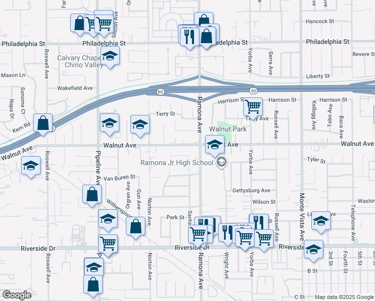 map of restaurants, bars, coffee shops, grocery stores, and more near 4447 Walnut Avenue in Chino