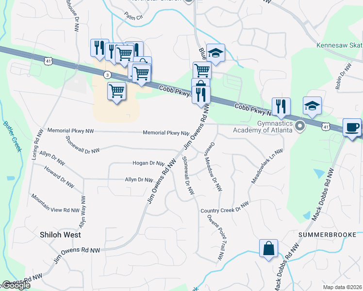 map of restaurants, bars, coffee shops, grocery stores, and more near 2927 Jim Owens Road Northwest in Kennesaw