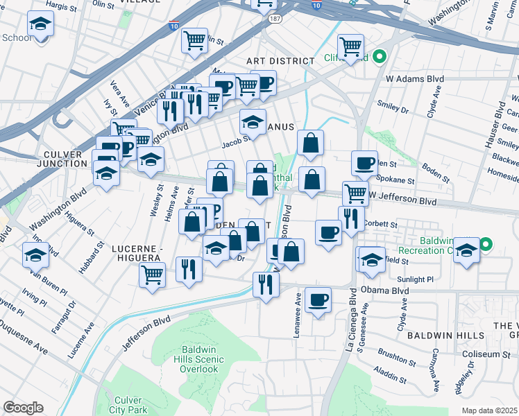 map of restaurants, bars, coffee shops, grocery stores, and more near 8512 National Boulevard in Culver City
