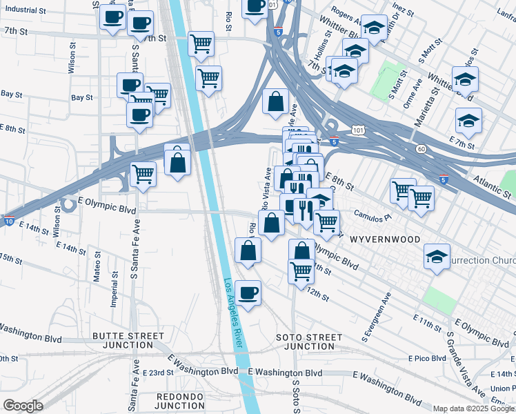 map of restaurants, bars, coffee shops, grocery stores, and more near 2585 East Olympic Boulevard in Los Angeles