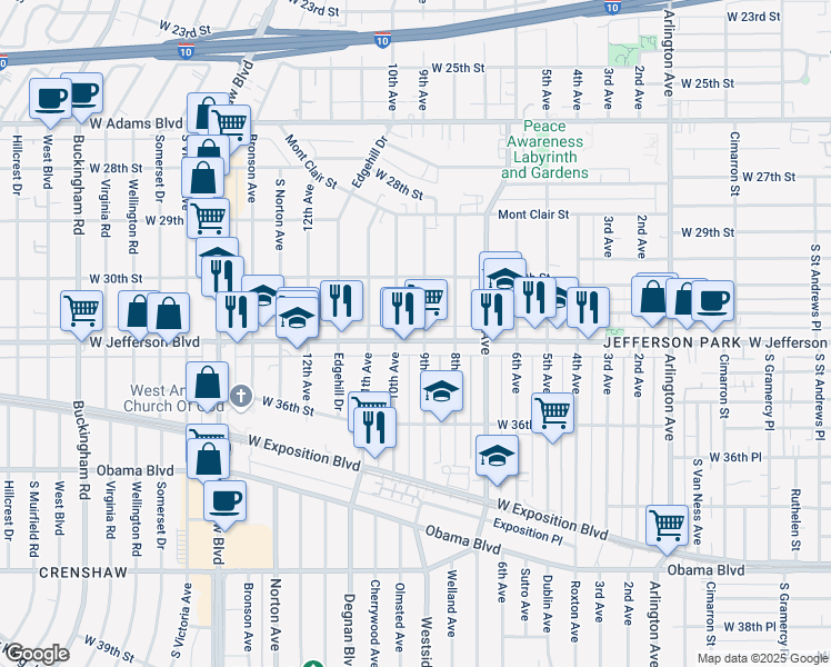map of restaurants, bars, coffee shops, grocery stores, and more near 2911 West Jefferson Boulevard in Los Angeles