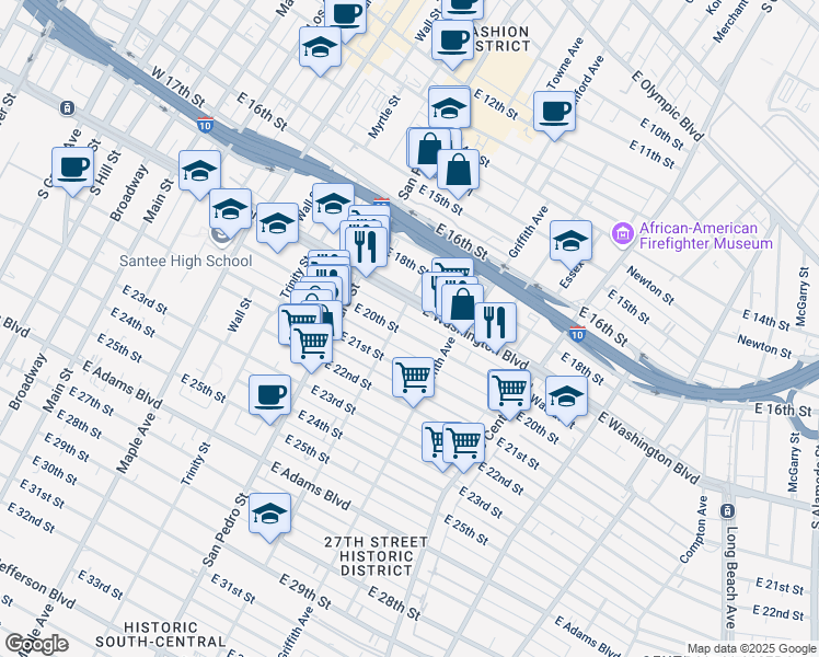 map of restaurants, bars, coffee shops, grocery stores, and more near 927 East 20th Street in Los Angeles