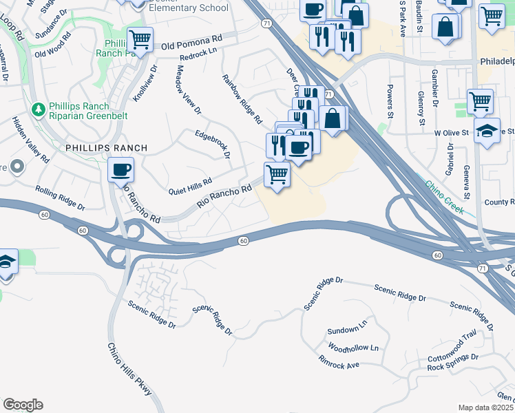 map of restaurants, bars, coffee shops, grocery stores, and more near 70 Country Mile Road in Pomona