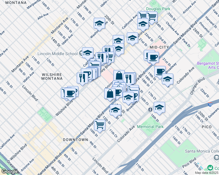 map of restaurants, bars, coffee shops, grocery stores, and more near in Santa Monica