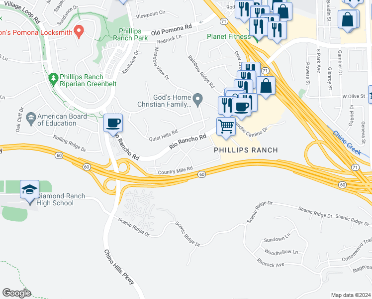 map of restaurants, bars, coffee shops, grocery stores, and more near 73 Town and Country Road in Pomona