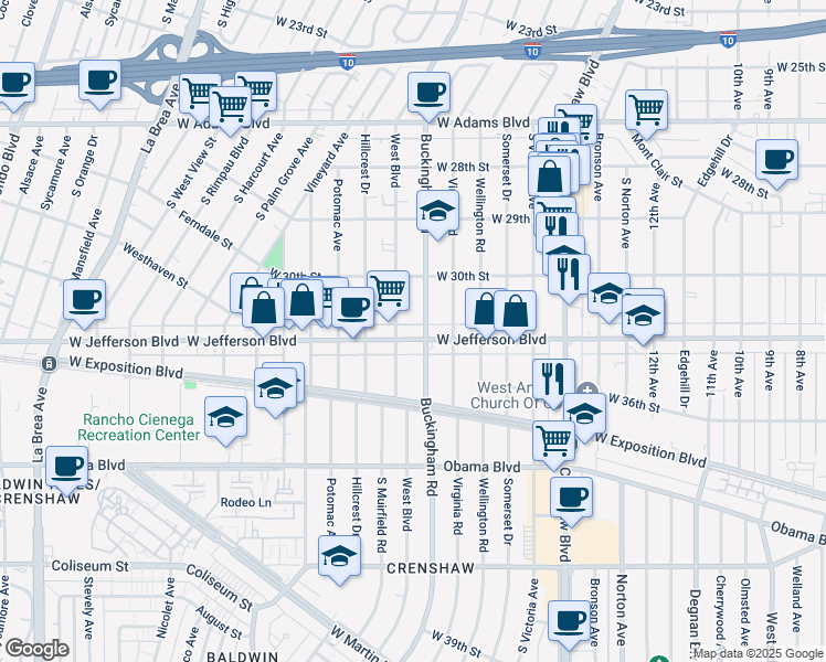 map of restaurants, bars, coffee shops, grocery stores, and more near 4111 West Jefferson Boulevard in Los Angeles