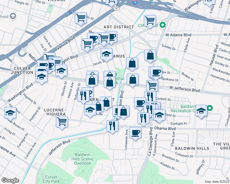 map of restaurants, bars, coffee shops, grocery stores, and more near 3562 Eastham Drive in Culver City