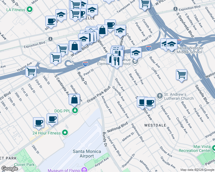 map of restaurants, bars, coffee shops, grocery stores, and more near 11829 Gateway Boulevard in Los Angeles