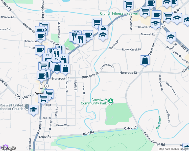 map of restaurants, bars, coffee shops, grocery stores, and more near 10 Millbrook Circle in Roswell