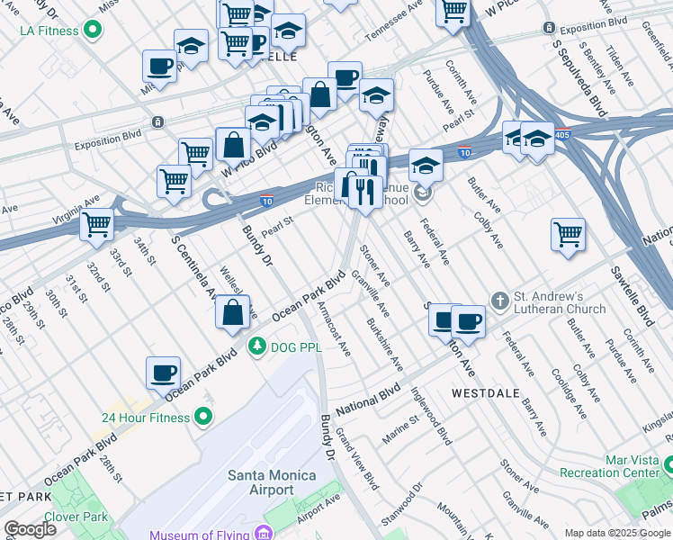 map of restaurants, bars, coffee shops, grocery stores, and more near 11829 Gateway Boulevard in Los Angeles