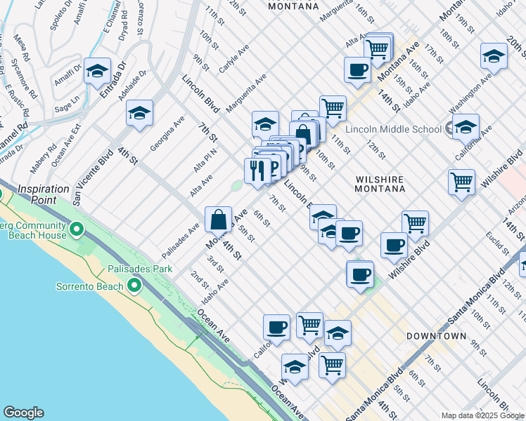 map of restaurants, bars, coffee shops, grocery stores, and more near 817 6th Street in Santa Monica