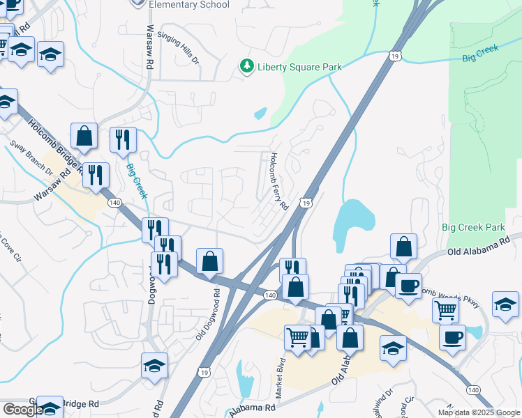 map of restaurants, bars, coffee shops, grocery stores, and more near 230 Mill Creek Place in Roswell
