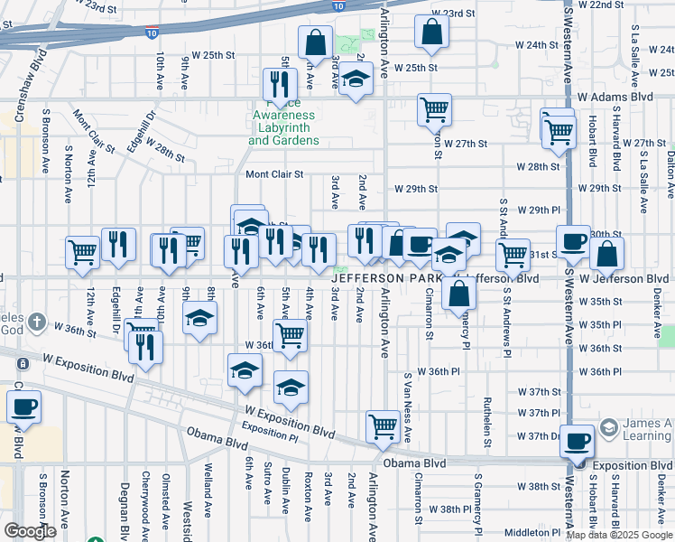 map of restaurants, bars, coffee shops, grocery stores, and more near 2231 West Jefferson Boulevard in Los Angeles
