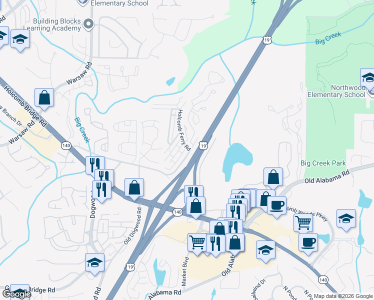 map of restaurants, bars, coffee shops, grocery stores, and more near 1056 Old Holcomb Bridge Road in Roswell