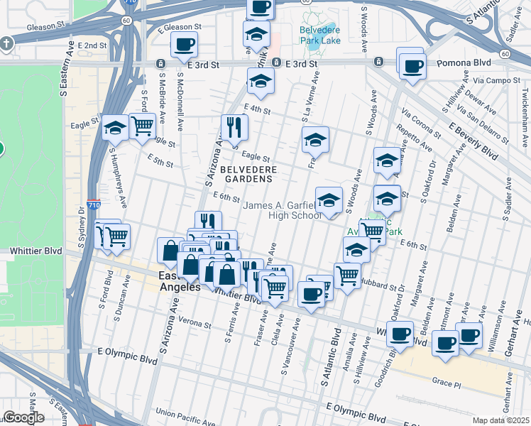 map of restaurants, bars, coffee shops, grocery stores, and more near 611 South Ferris Avenue in East Los Angeles
