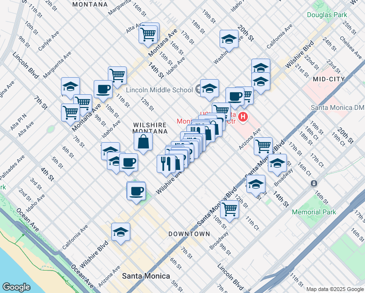 map of restaurants, bars, coffee shops, grocery stores, and more near 1124 12th Street in Santa Monica