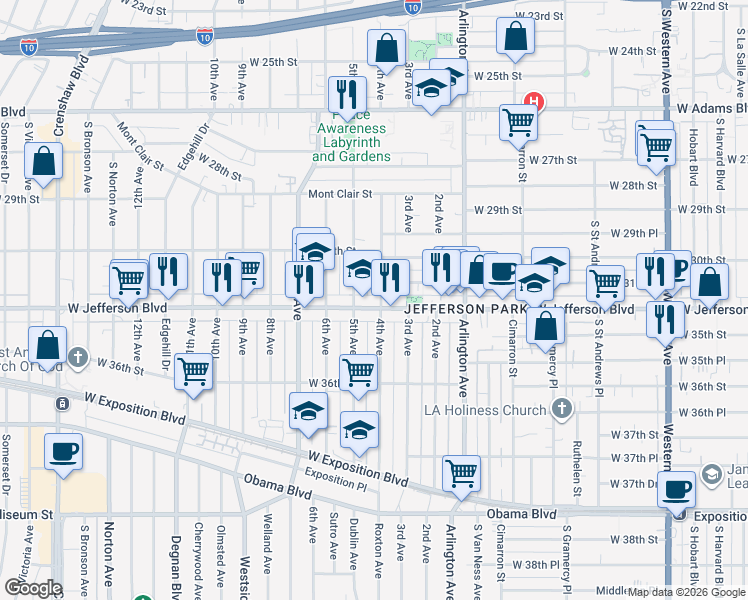 map of restaurants, bars, coffee shops, grocery stores, and more near 2401 West Jefferson Boulevard in Los Angeles