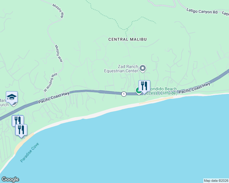 map of restaurants, bars, coffee shops, grocery stores, and more near 27555 Pacific Coast Highway in Malibu