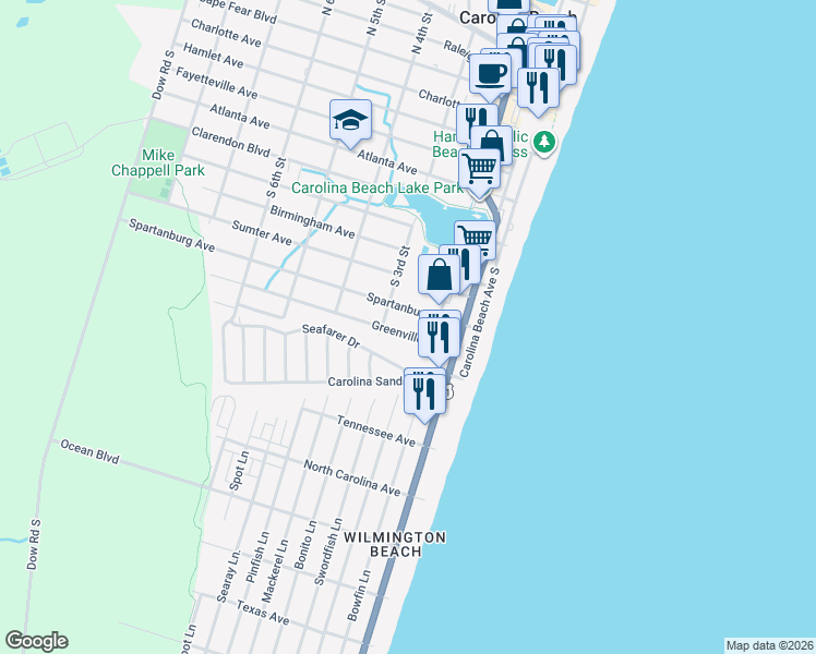 map of restaurants, bars, coffee shops, grocery stores, and more near 208 Greenville Avenue in Carolina Beach
